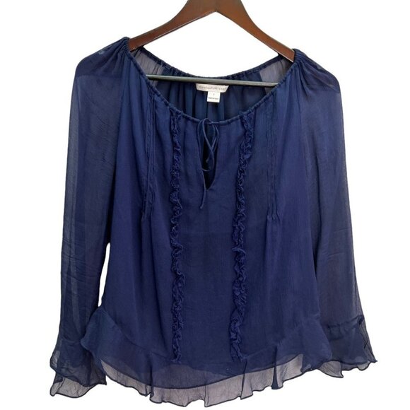 DIANE von FURSTENBURG Navy Peasant Long Sleeve Sheer Blouse Size S - Picture 2 of 8